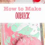 A photo of a person mixing oobleck ingredients in a bowl and one of them playing with the oobleck mixture on a cookie sheet.