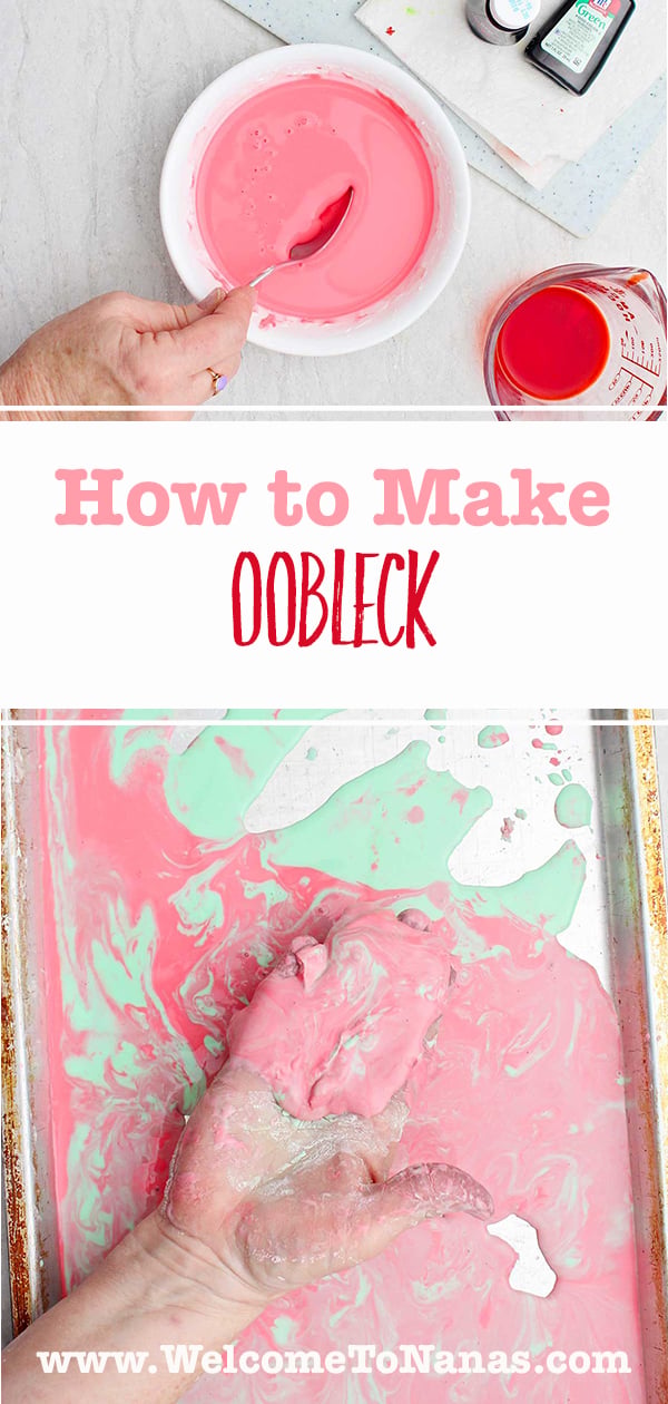 A photo of a person mixing oobleck ingredients in a bowl and one of them playing with the oobleck mixture on a cookie sheet.