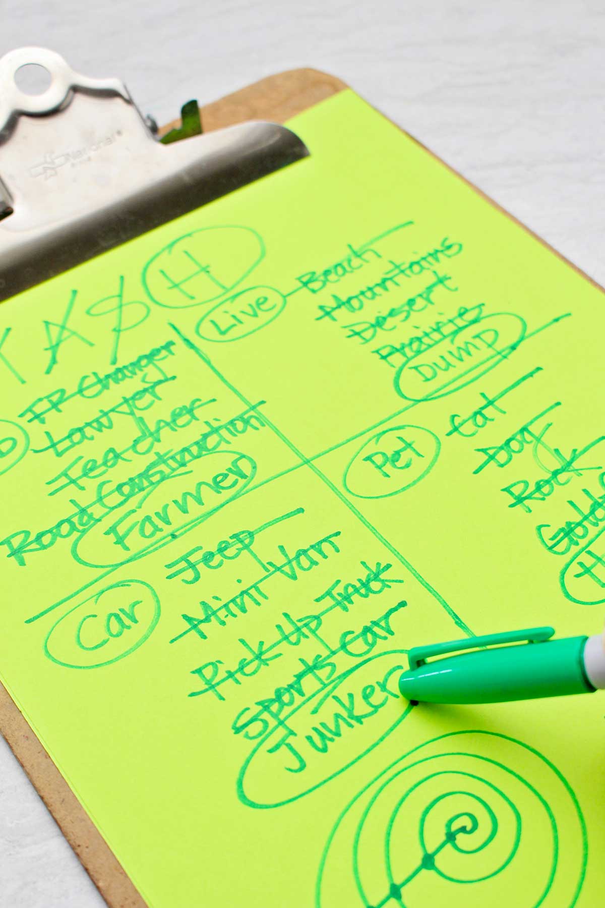 A person using a green sharpie marker to point to a circled "junker" car choice on a MASH game.