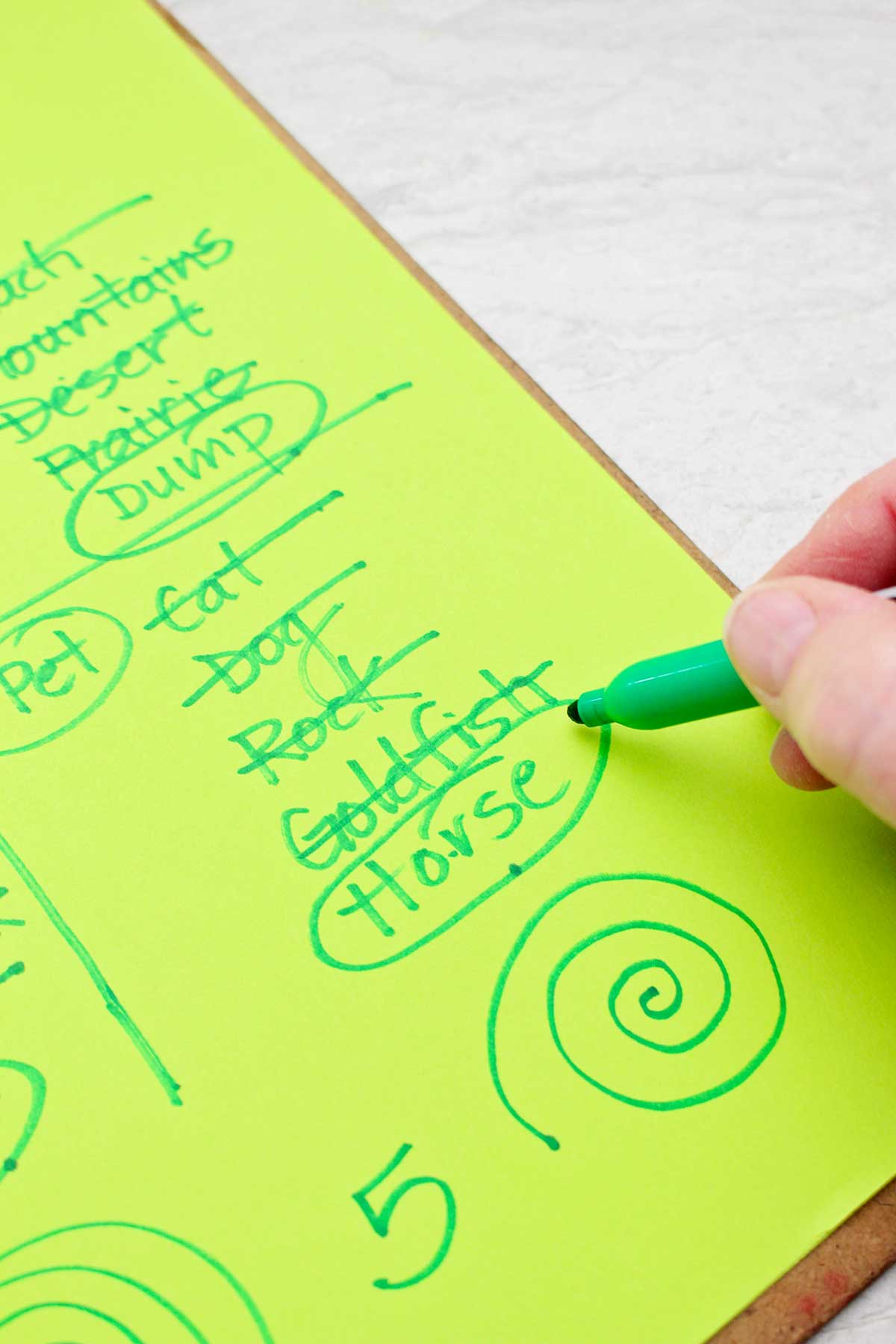 A person circling the pet of "horse" with green sharpie on a MASH game.