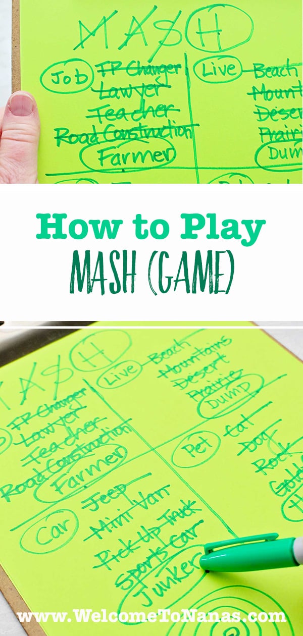 Two images of MASH games on green paper and text in green sharpie.