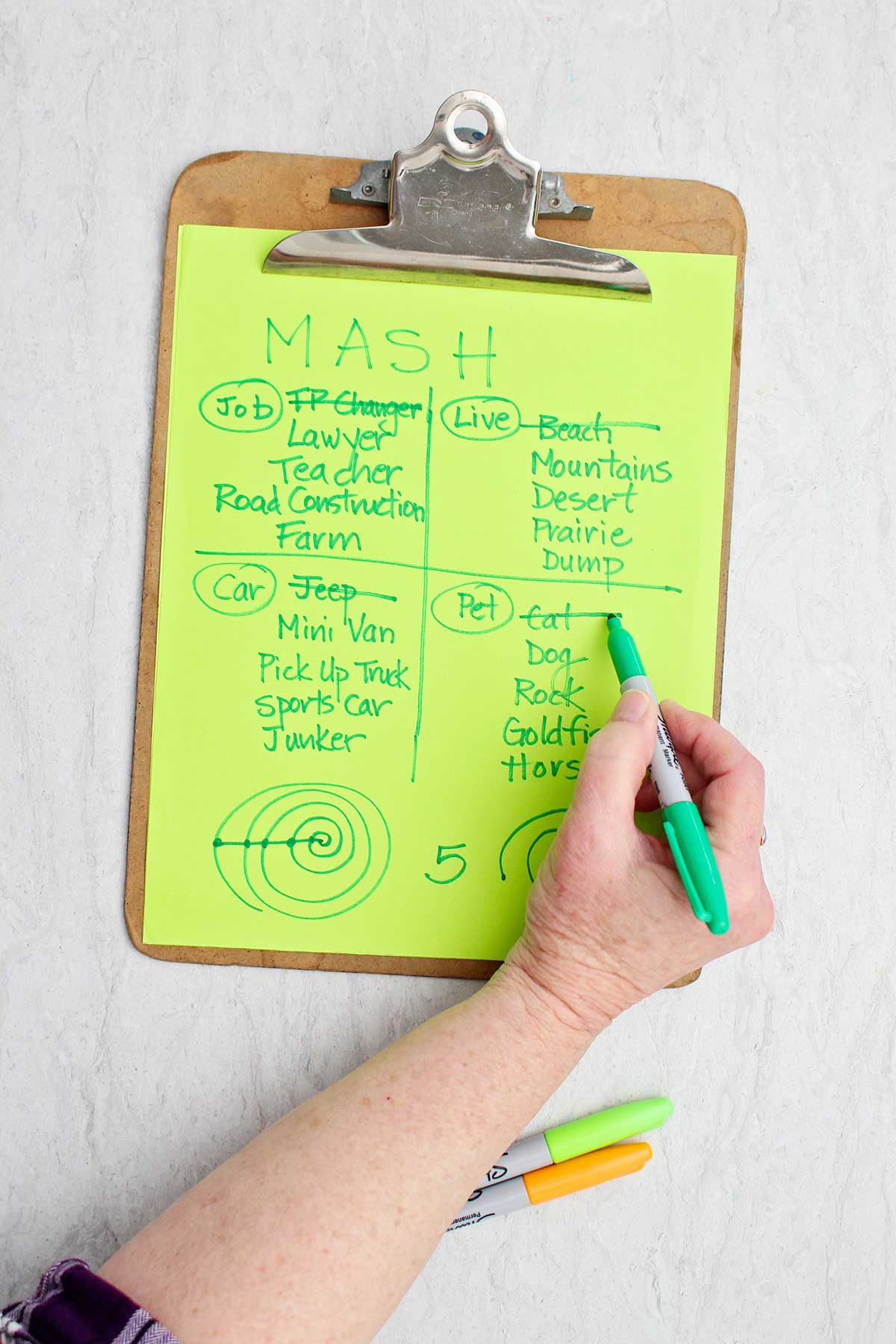 A person crossing off the option of "pet cat" with green sharpie on a MASH game.