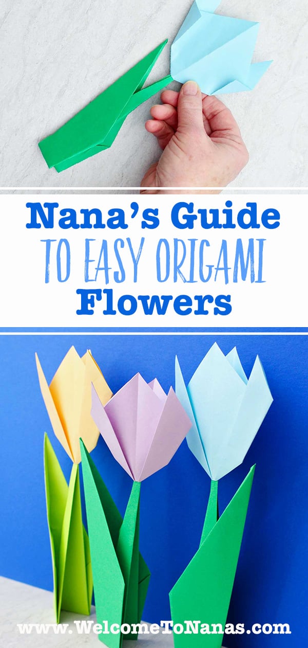 A person holding a light blue origami flower and an image of three completed origami flowers in front of a bright blue background.