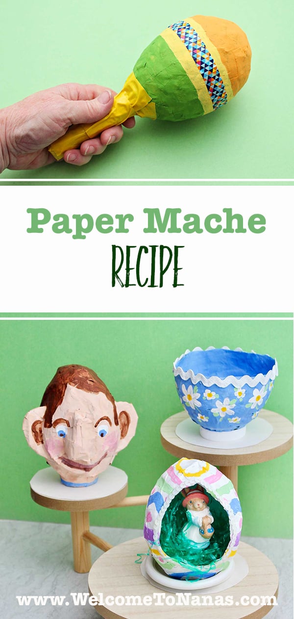 Two images of four different projects you can make with paper mache.