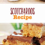 A person serving some scotcharoos on to a plate and a stacked and plated scotcharoos serving.