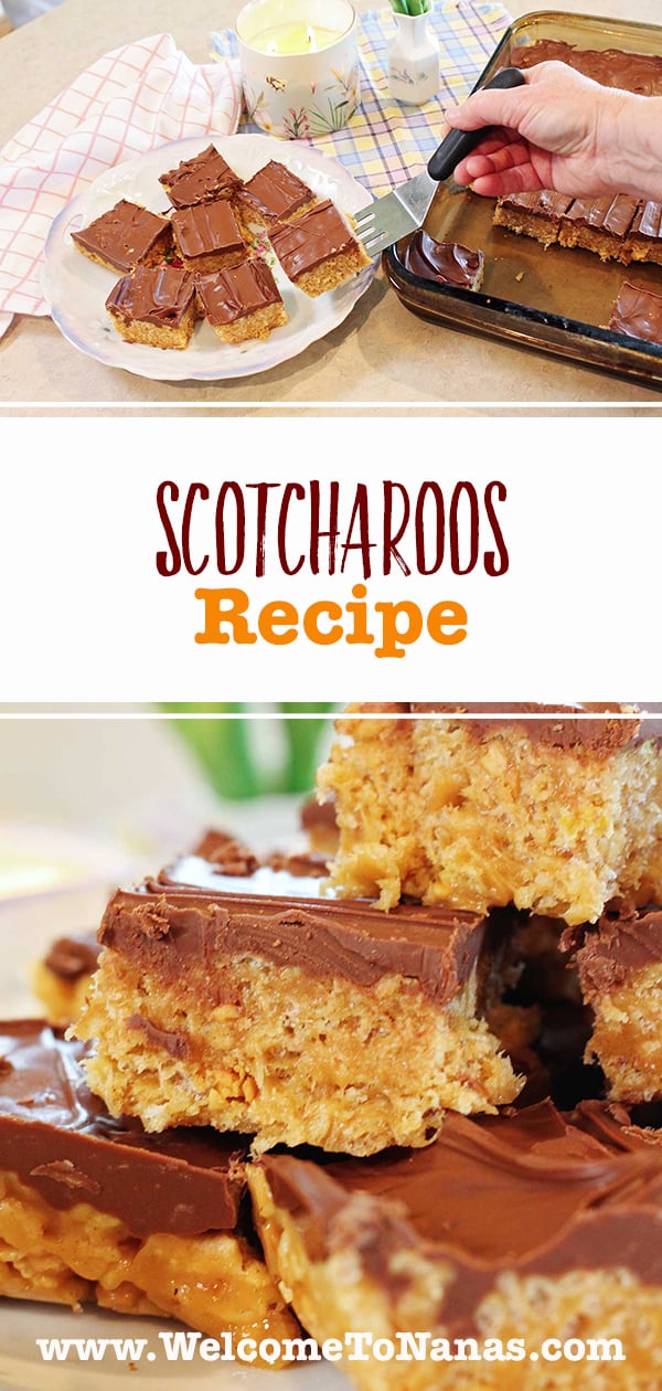 A person serving some scotcharoos on to a plate and a stacked and plated scotcharoos serving.