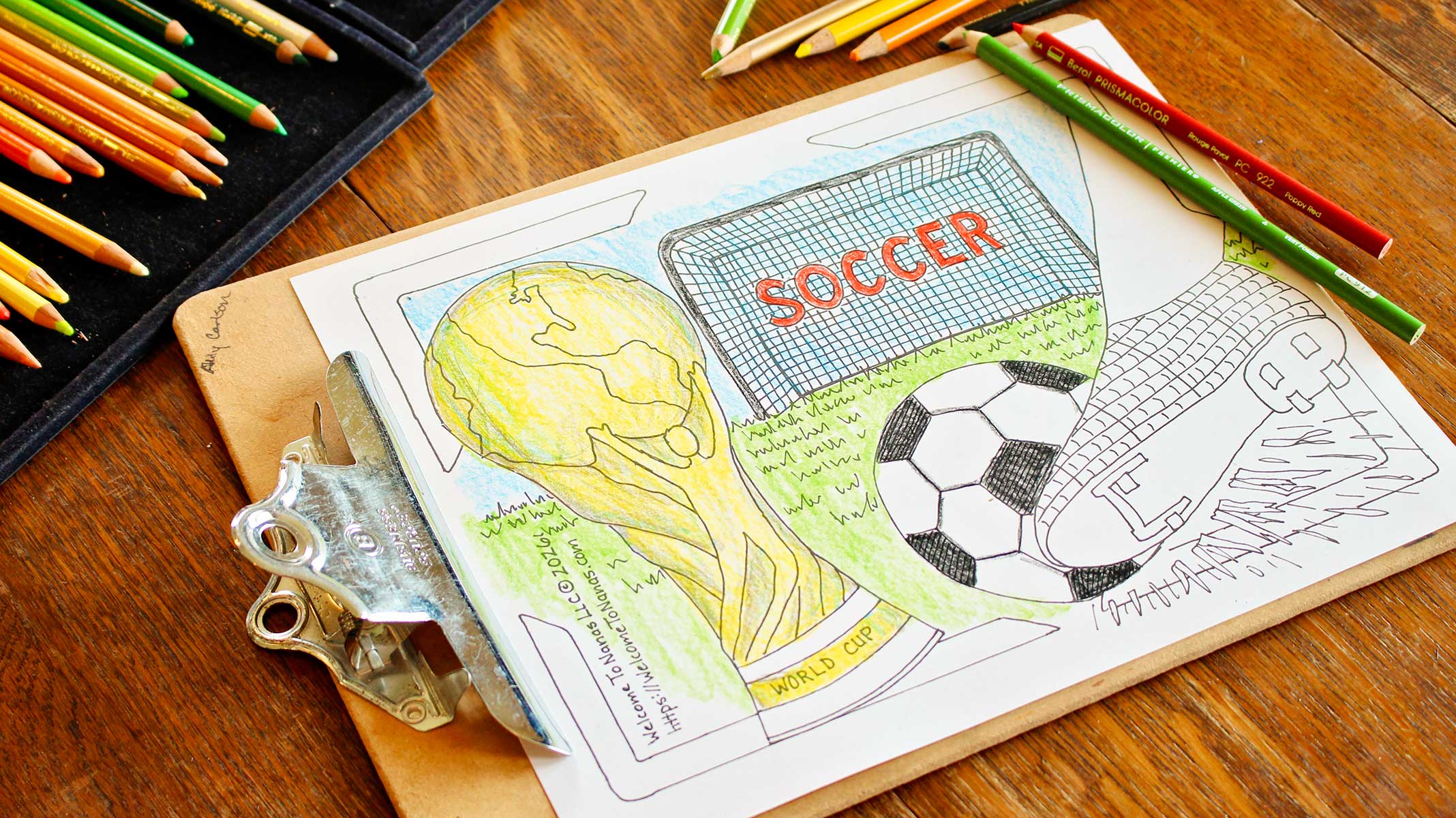 A partially colored in World Cup coloring page coloring sheet featuring a soccer ball being kicked, a soccer goal, and a FIFA World Cup trophy on a wooden table.