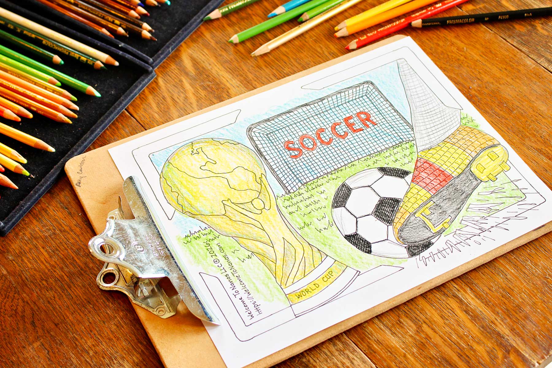 A fully colored in World Cup coloring page coloring sheet featuring a soccer ball being kicked, a soccer goal, and a FIFA World Cup trophy on a wooden table.