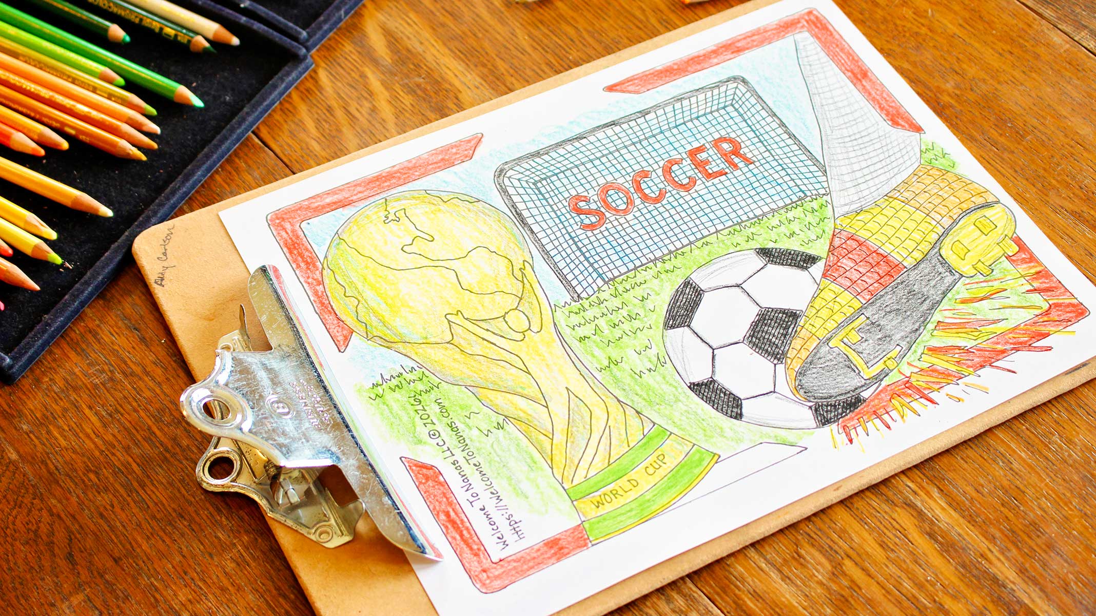 A fully colored in World Cup coloring page coloring sheet featuring a soccer ball being kicked, a soccer goal, and a FIFA World Cup trophy on a wooden table.
