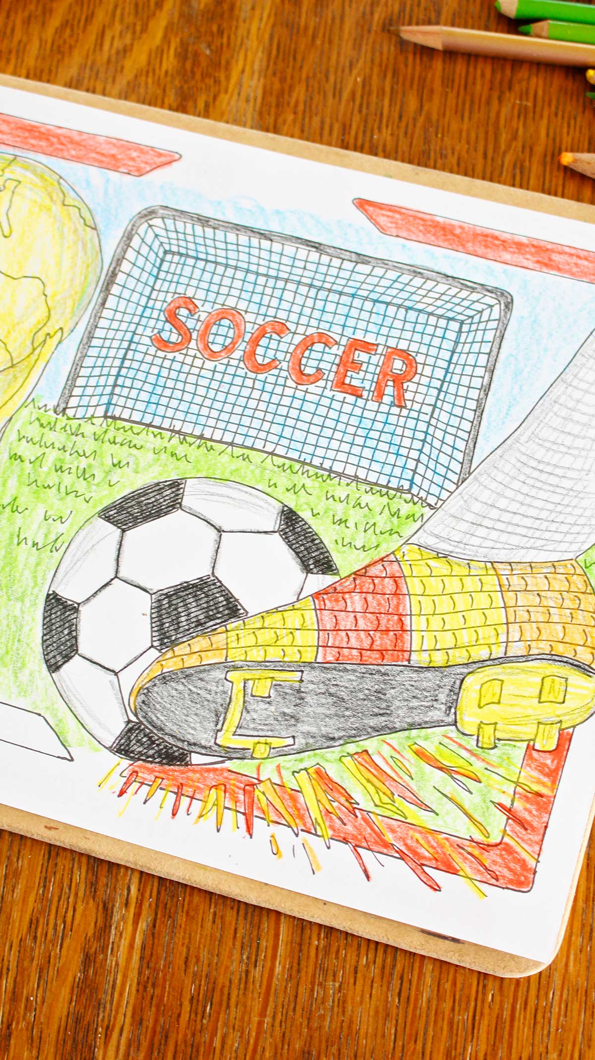 A close up of a soccer player kicking a soccer ball into a goal on a fully colored in FIFA World Cup coloring page.