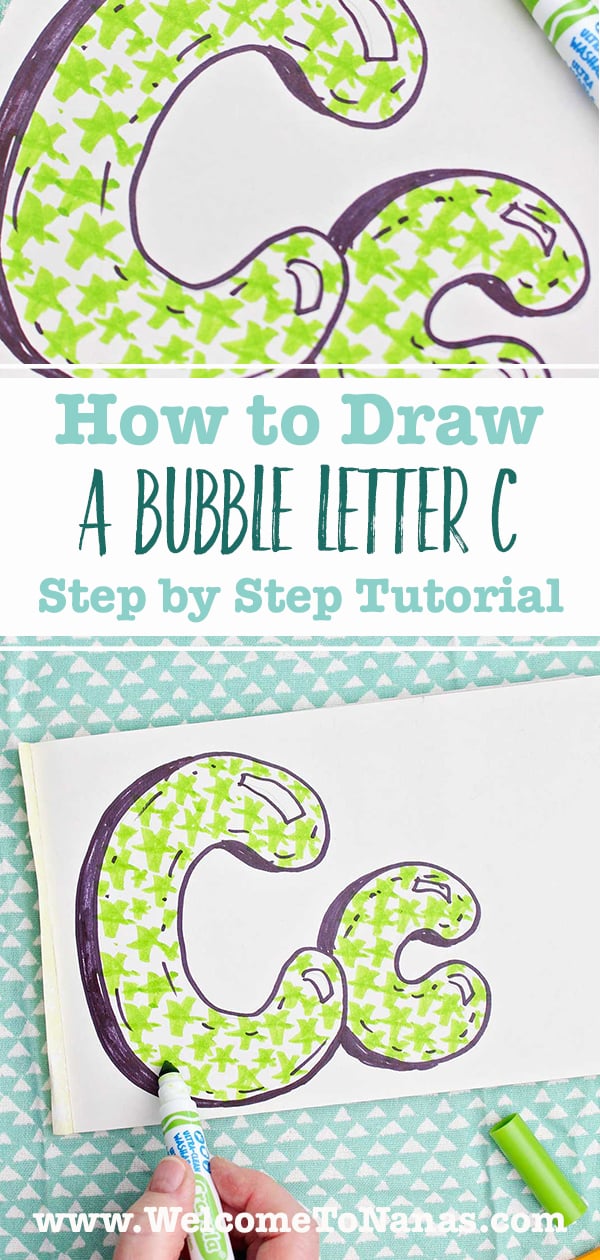 A close up and further away image of two bubble letter "c"s colored in with light green stars.