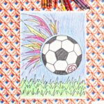 A colored in drawing of a soccer ball flying towards the grass with colorful flames behind it.