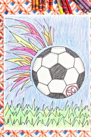 A colored in drawing of a soccer ball flying towards the grass with colorful flames behind it.