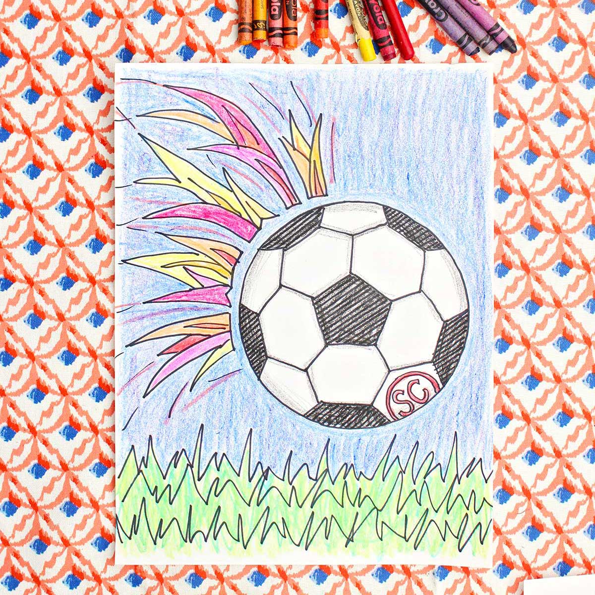 A colored in drawing of a soccer ball flying towards the grass with colorful flames behind it.