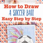 A pencil sketch of a soccer ball and a colored in version of the same drawing.
