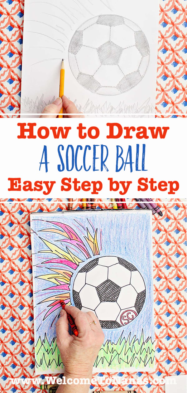 A pencil sketch of a soccer ball and a colored in version of the same drawing.