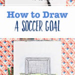 A black and white drawing of a soccer goal and ball and a colored version.