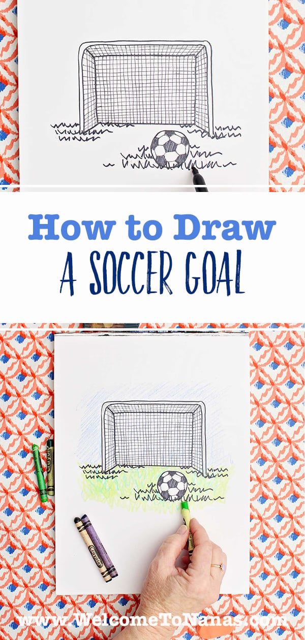 A black and white drawing of a soccer goal and ball and a colored version.