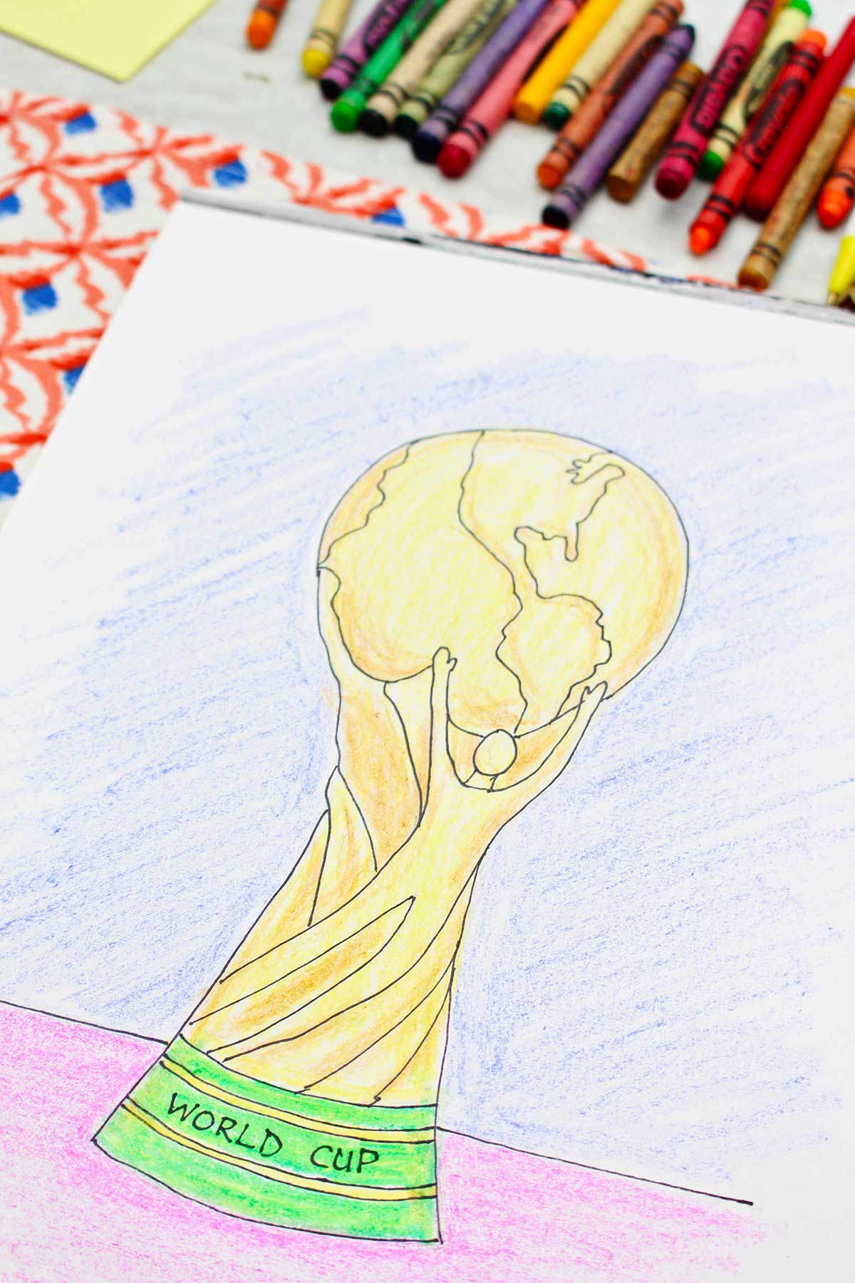 A colored version of a drawing of the FIFA World Cup trophy.