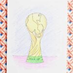 A colored version of a drawing of the FIFA World Cup trophy.