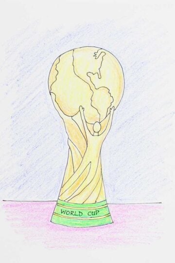 A colored version of a drawing of the FIFA World Cup trophy.