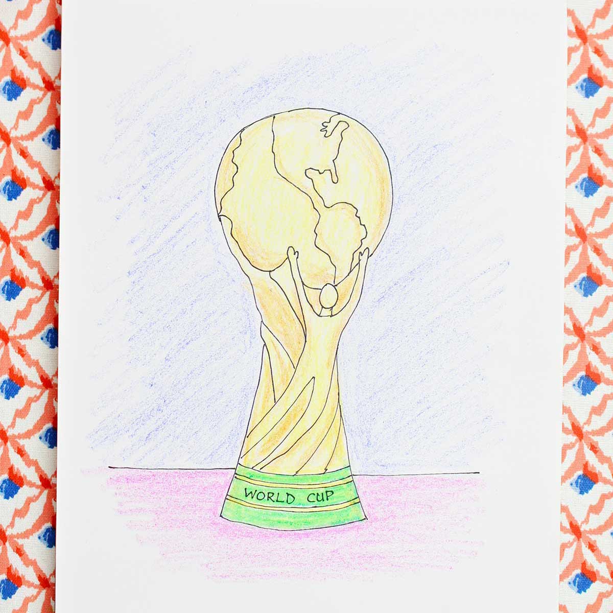 A colored version of a drawing of the FIFA World Cup trophy.