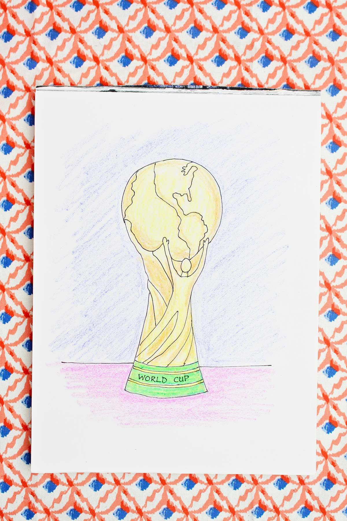 A colored version of a drawing of the FIFA World Cup trophy.