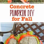 Finished concrete pumpkins sitting on the porch as fall decorations