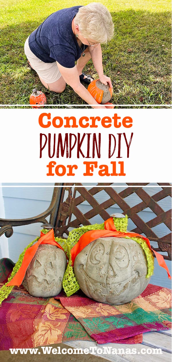 Finished concrete pumpkins sitting on the porch as fall decorations