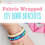 Two images one with a person holding thee fabric BoHo bracelets and one image of a person wearing those three bracelets.