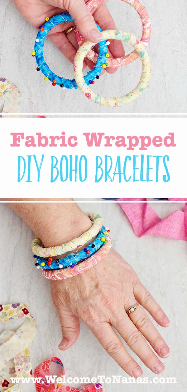 Two images one with a person holding thee fabric BoHo bracelets and one image of a person wearing those three bracelets.