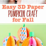An image of three 3D paper pumpkins on wooden pedestals and an image of two pumpkins being used as a fall card.