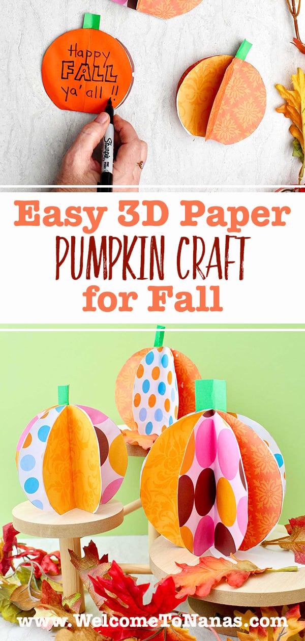 An image of three 3D paper pumpkins on wooden pedestals and an image of two pumpkins being used as a fall card.