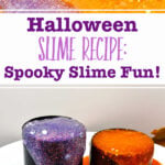 Two images of completed purple and orange sparkly slime.