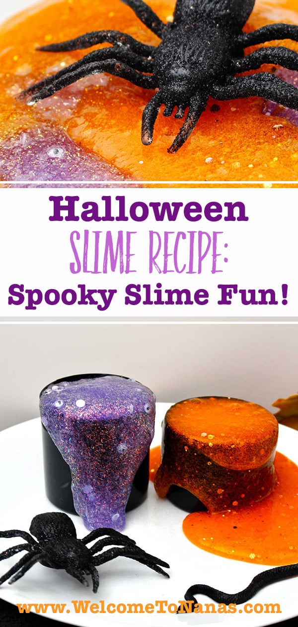 Two images of completed purple and orange sparkly slime.